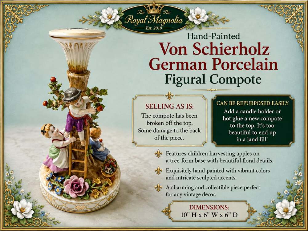 Von Schierholz German Porcelain Figural Compote Candlestick Apple Harvesters